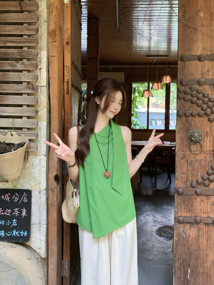 Sleeveless green slim shirt streamer collar temperament tops