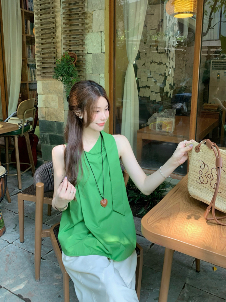 Sleeveless green slim shirt streamer collar temperament tops