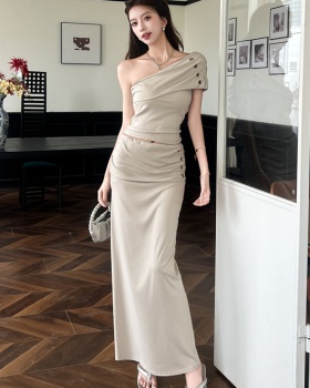 Spicegirl temperament tops sloping shoulder long skirt 2pcs set