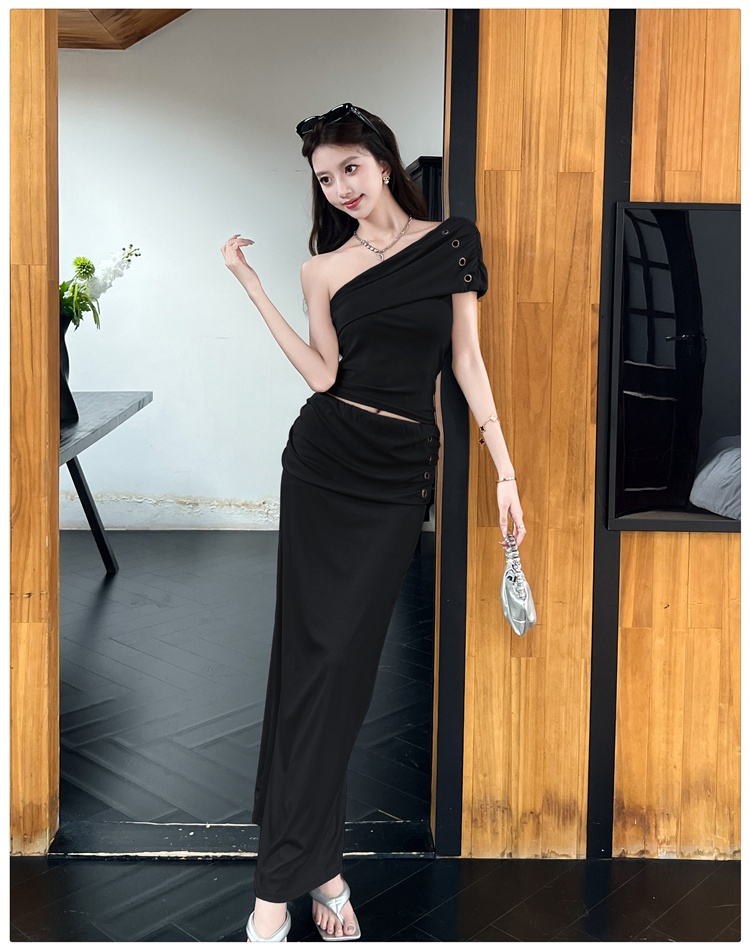 Spicegirl temperament tops sloping shoulder long skirt 2pcs set