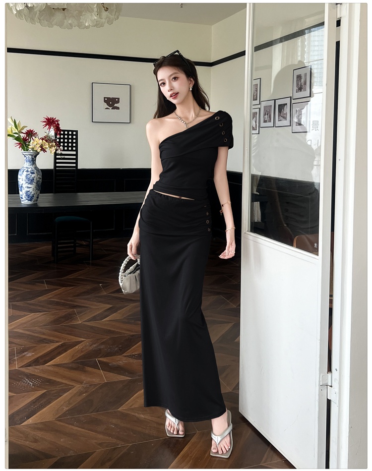 Spicegirl temperament tops sloping shoulder long skirt 2pcs set