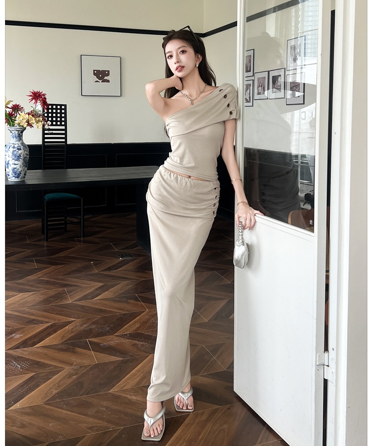 Spicegirl temperament tops sloping shoulder long skirt 2pcs set
