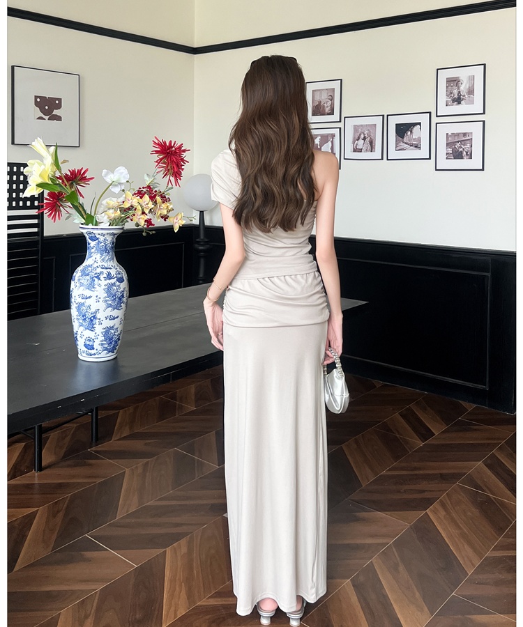 Spicegirl temperament tops sloping shoulder long skirt 2pcs set