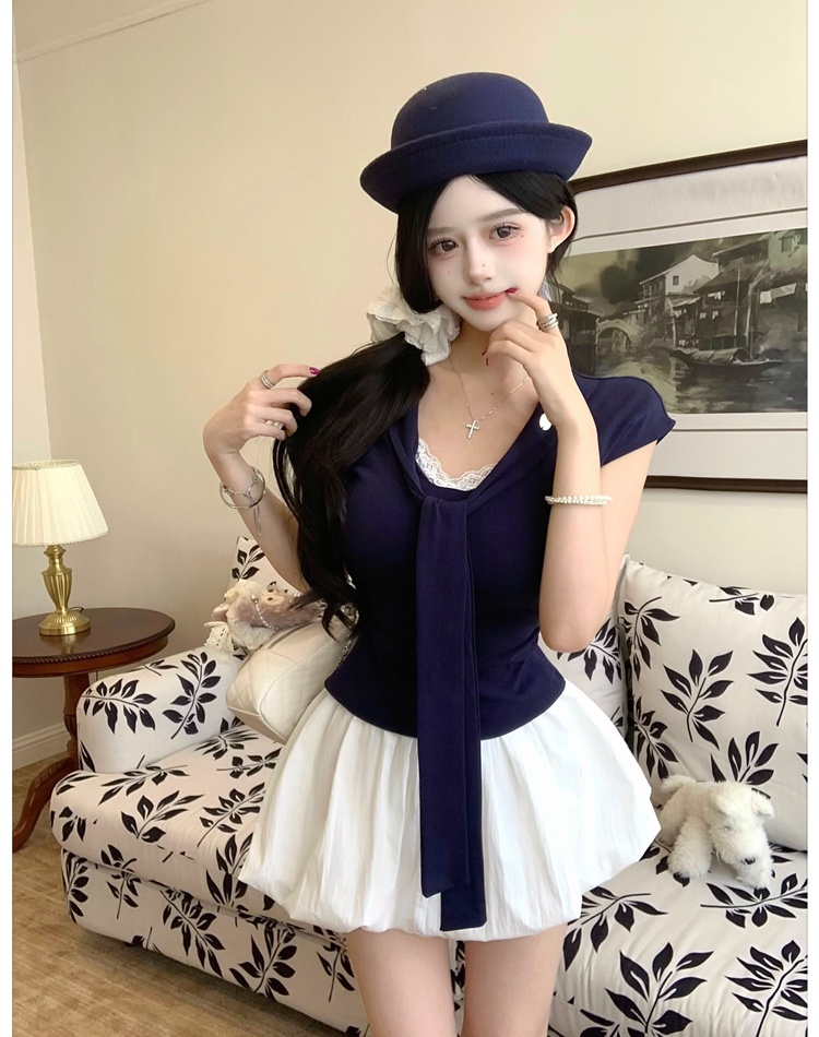 Navy collar pants T-shirt 2pcs set