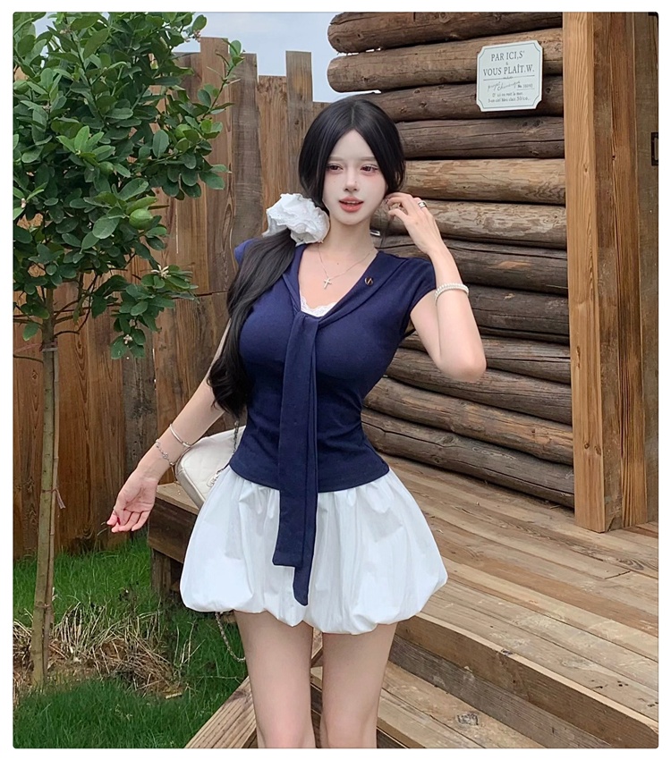 Navy collar pants T-shirt 2pcs set