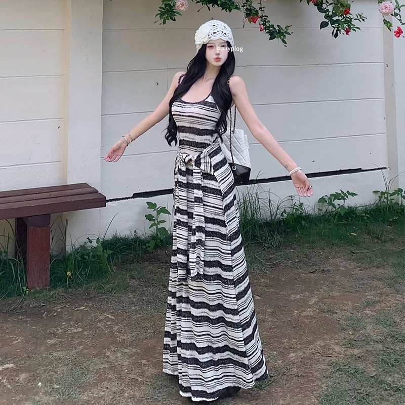 Stripe long sleeveless dress slim dress for women
