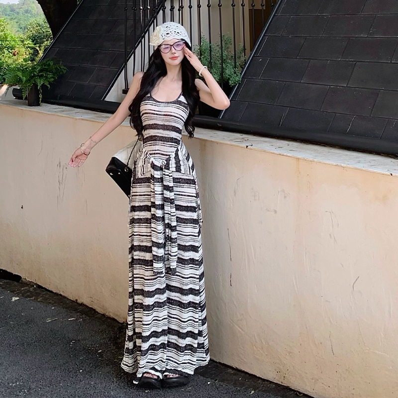 Stripe long sleeveless dress slim dress for women