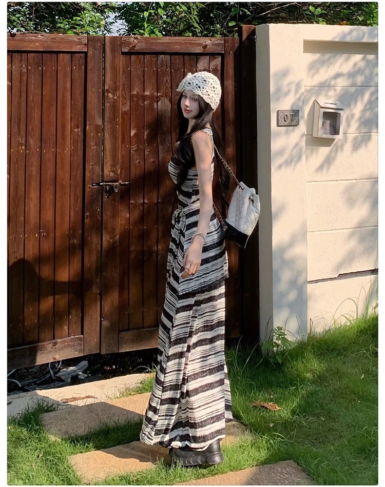 Stripe long sleeveless dress slim dress for women