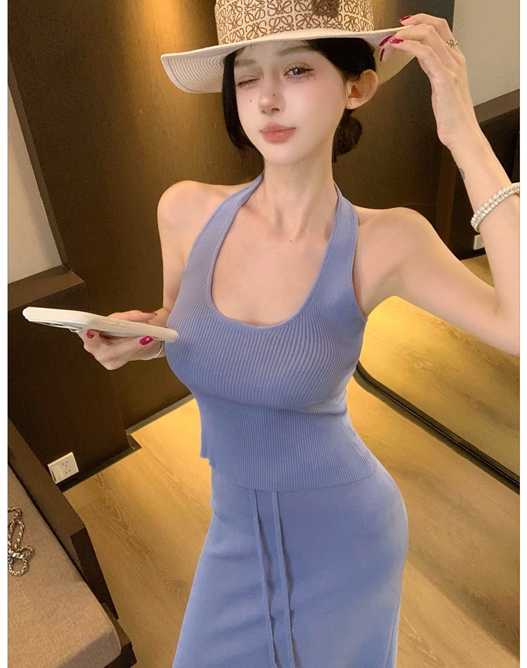 All-match halter vest sleeveless knitted tops 2pcs set