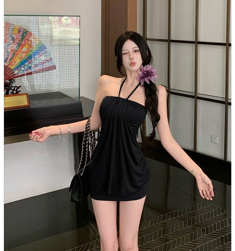 Drape package hip T-back pinched waist halter dress for women