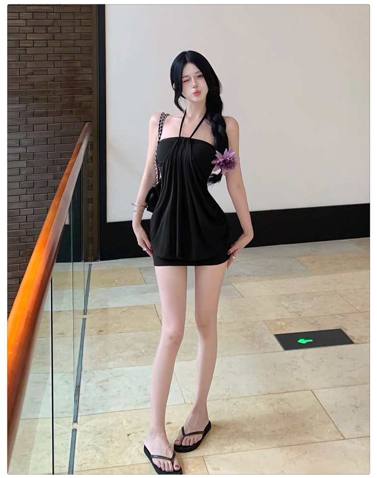 Drape package hip T-back pinched waist halter dress for women