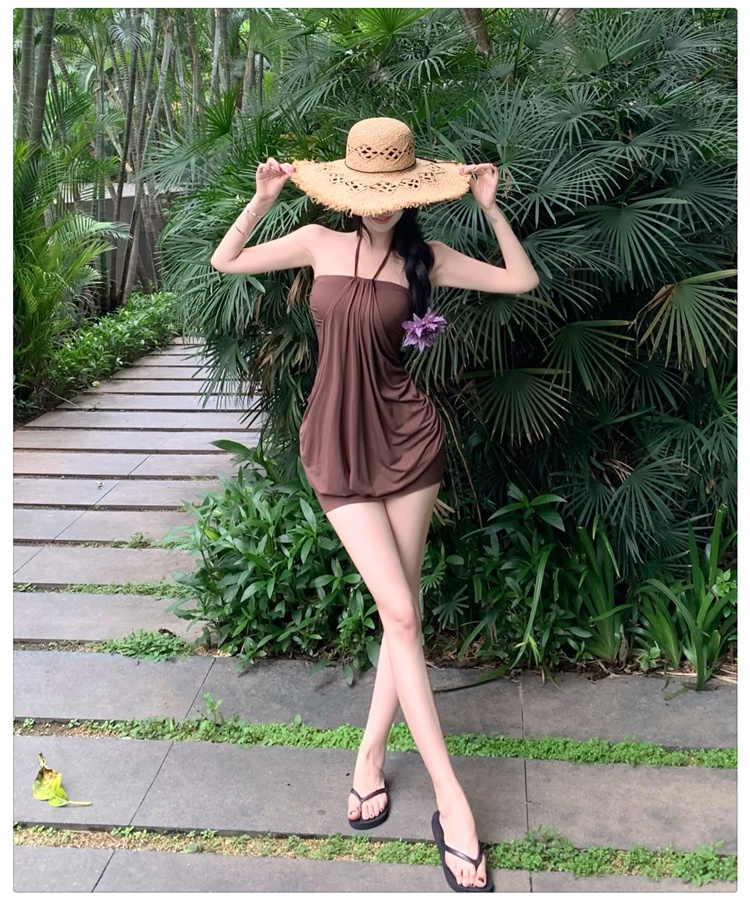 Drape package hip T-back pinched waist halter dress for women