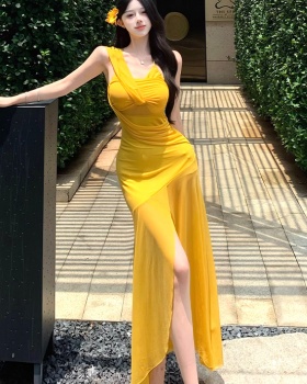 Fold yellow beach dress gauze sling long dress
