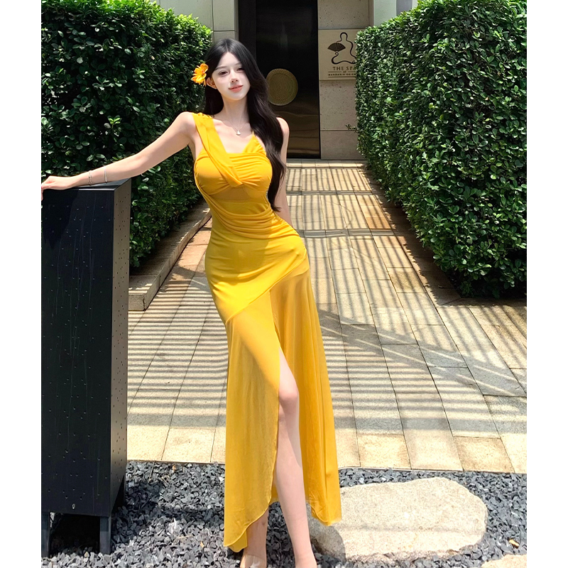 Fold yellow beach dress gauze sling long dress