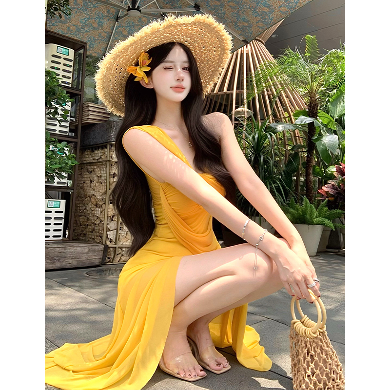 Fold yellow beach dress gauze sling long dress