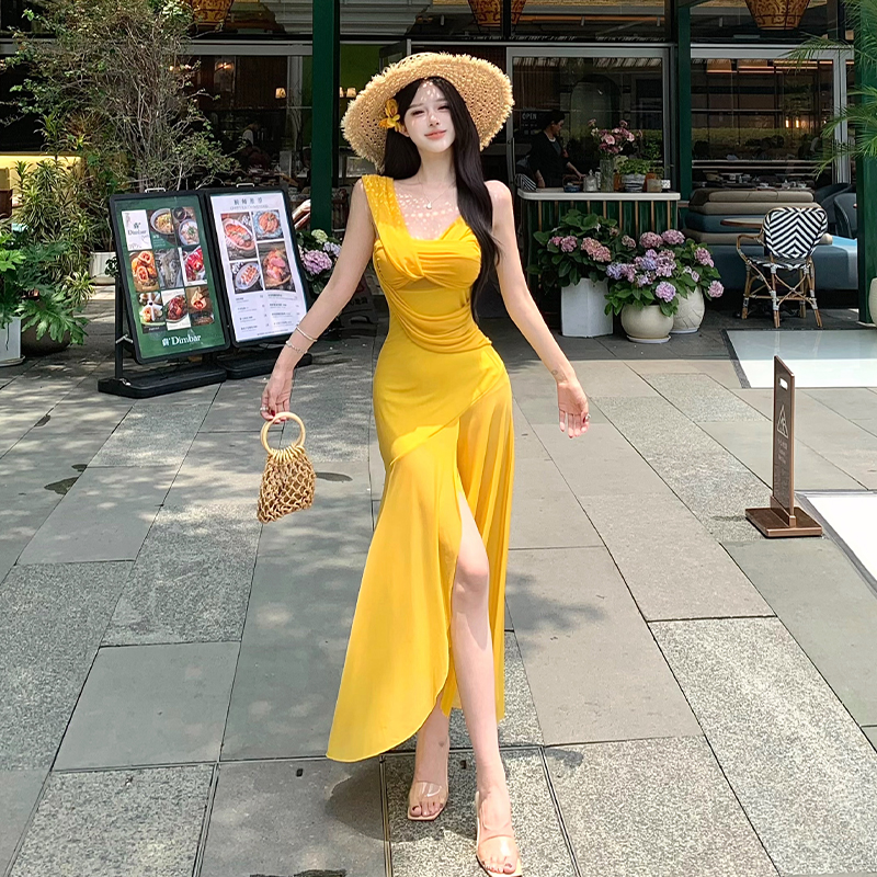 Fold yellow beach dress gauze sling long dress