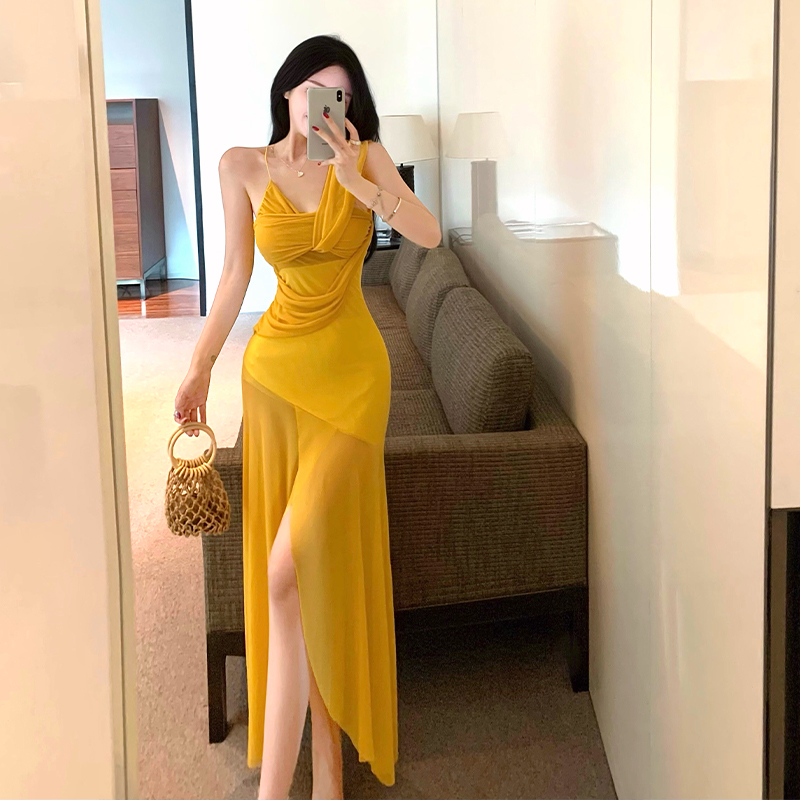 Fold yellow beach dress gauze sling long dress