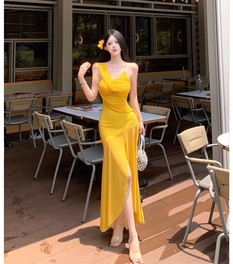 Fold yellow beach dress gauze sling long dress