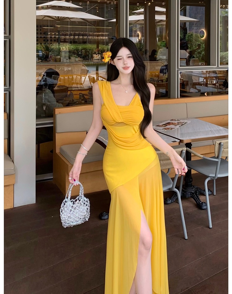 Fold yellow beach dress gauze sling long dress