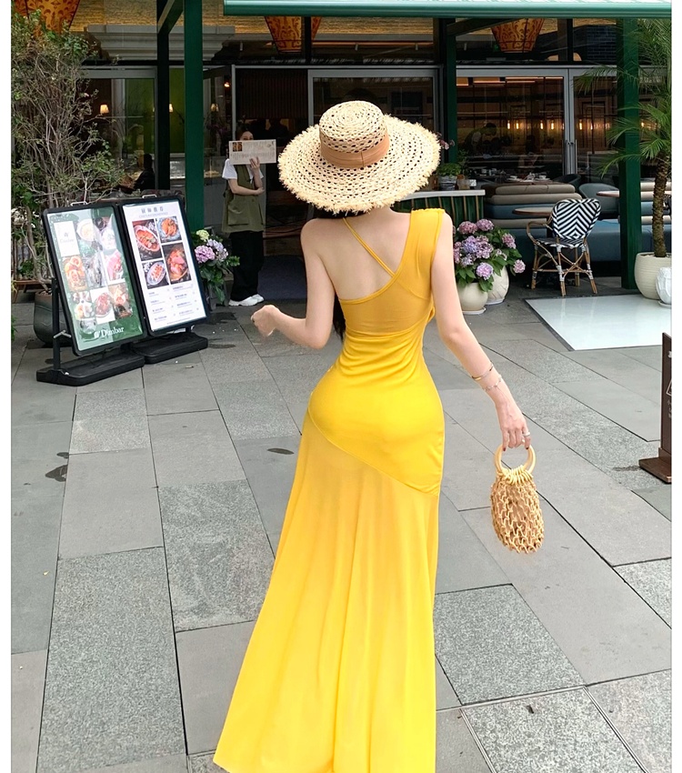 Fold yellow beach dress gauze sling long dress