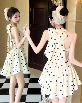 Slim summer polka dot T-back halter France style dress for women