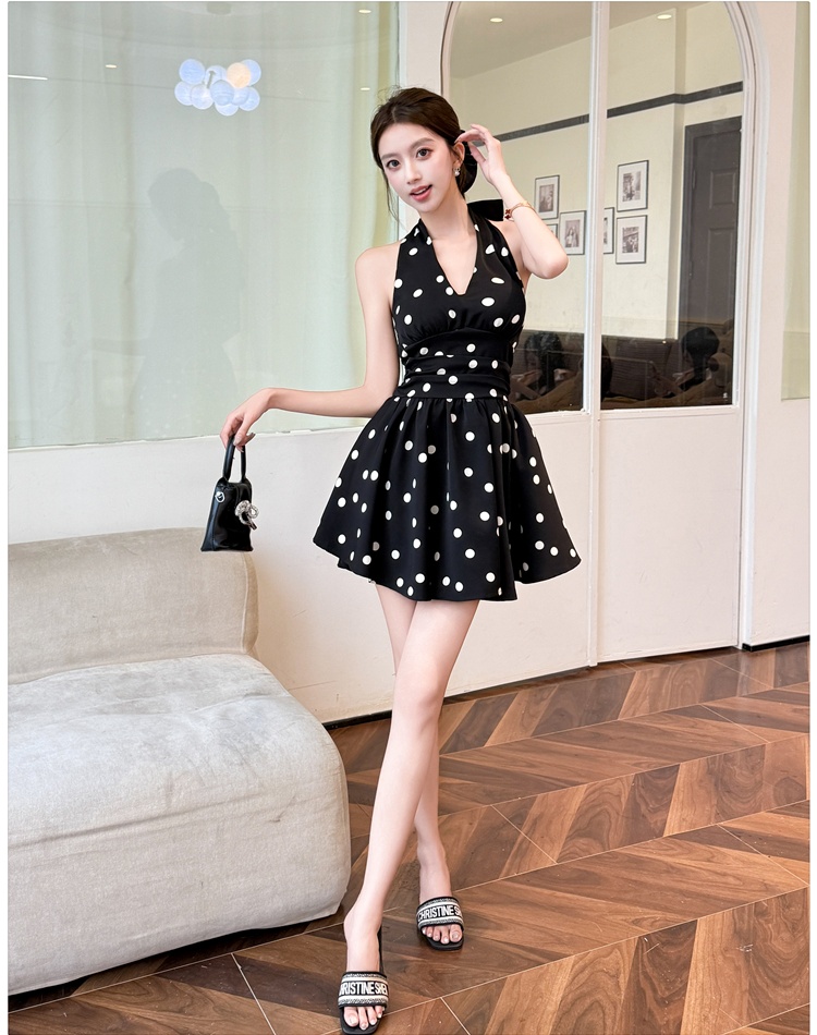 Slim summer polka dot T-back halter France style dress for women