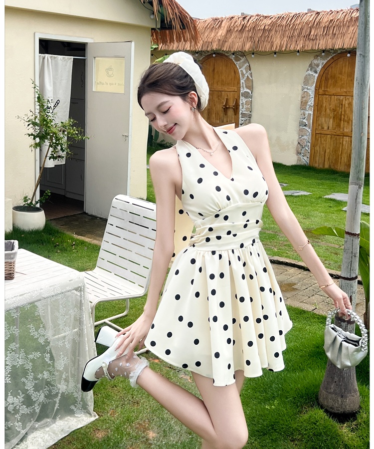 Slim summer polka dot T-back halter France style dress for women
