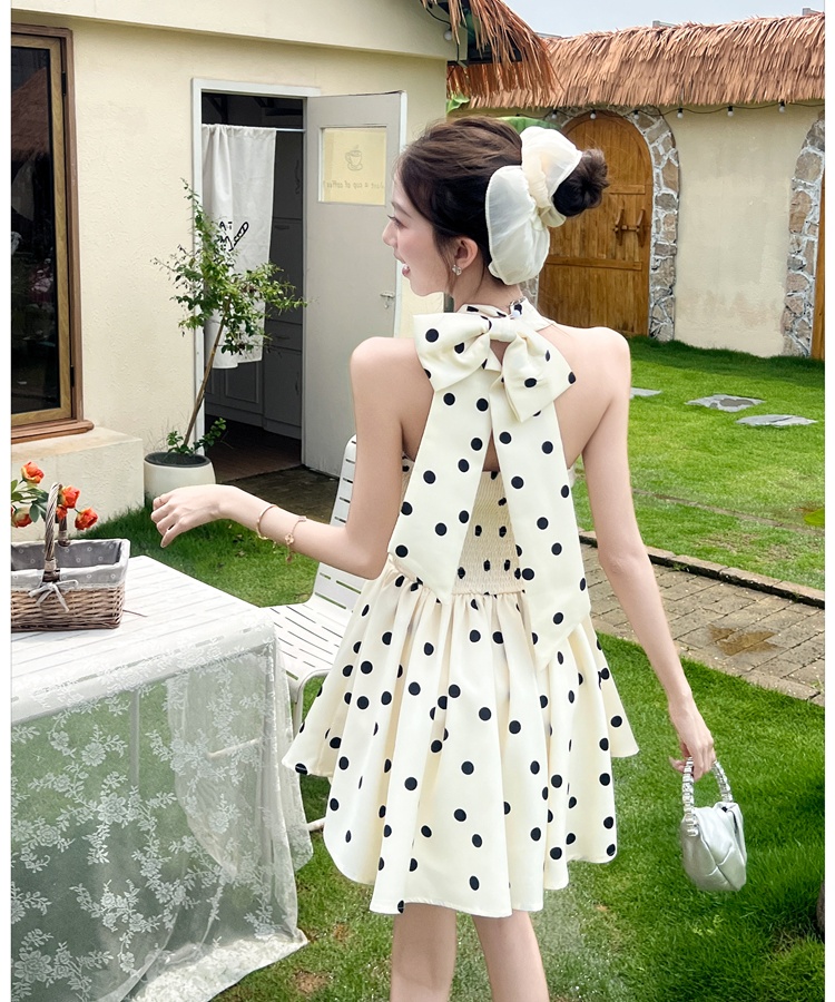 Slim summer polka dot T-back halter France style dress for women