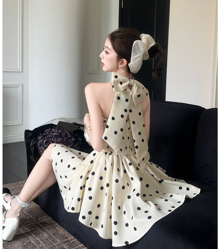 Slim summer polka dot T-back halter France style dress for women
