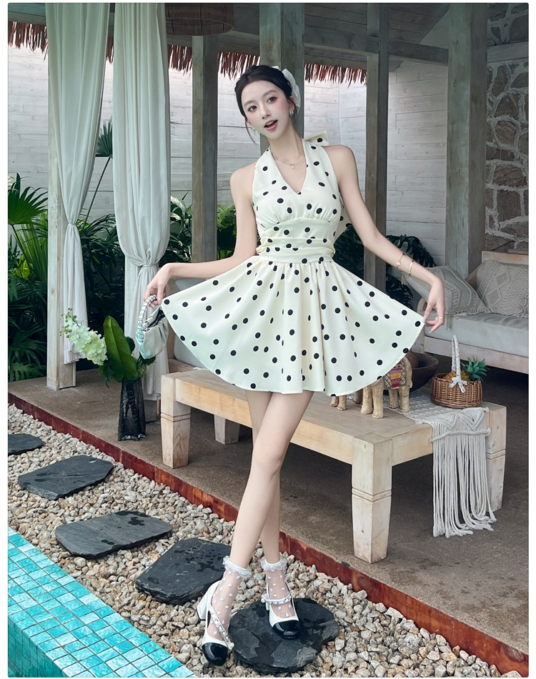 Slim summer polka dot T-back halter France style dress for women