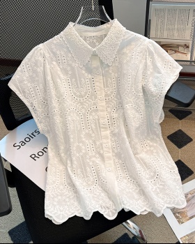 Crochet summer shirt lapel hollow tops for women