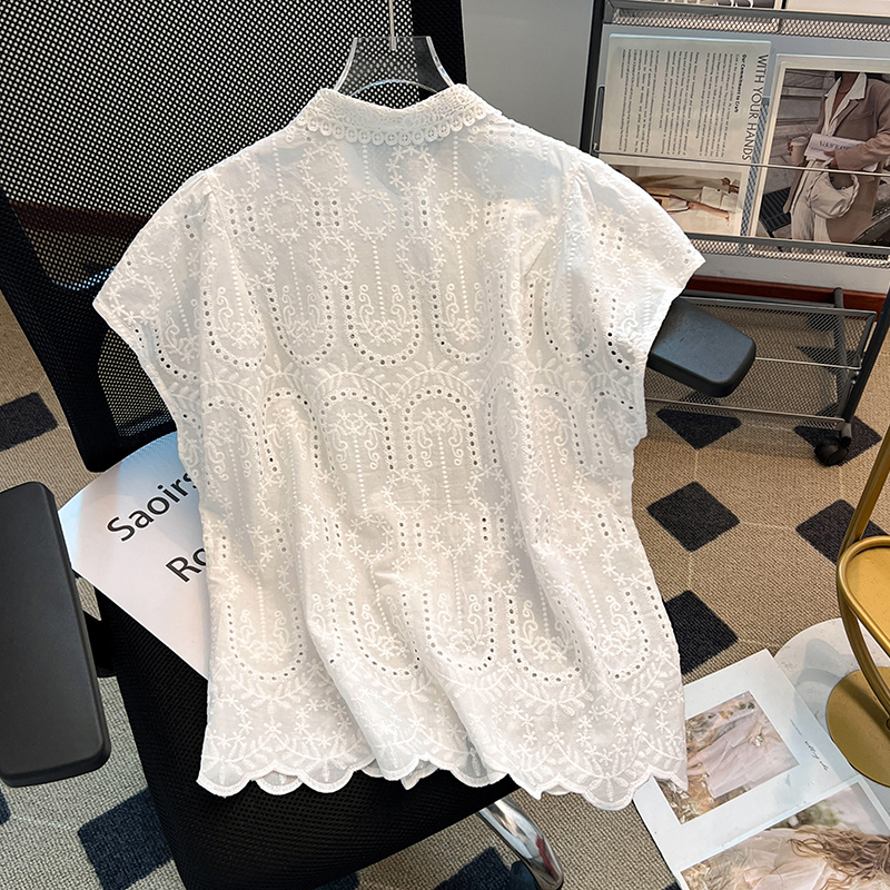 Crochet summer shirt lapel hollow tops for women