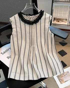 Fashion wood ear summer vest round neck stripe tops for women