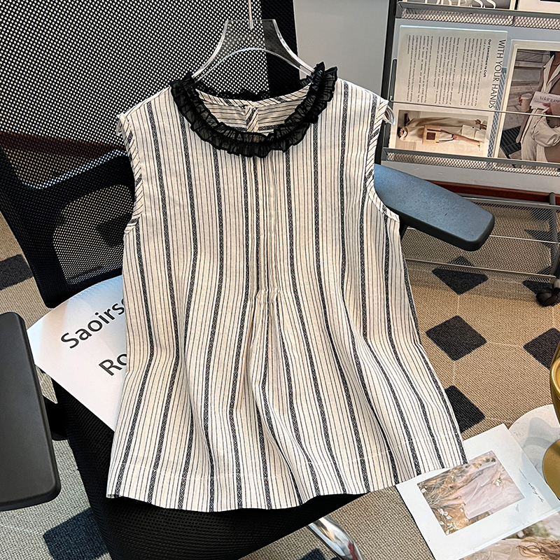 Fashion wood ear summer vest round neck stripe tops for women