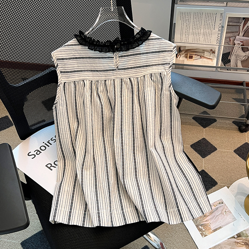 Fashion wood ear summer vest round neck stripe tops for women