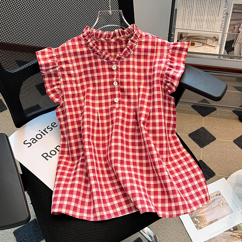Fold cotton linen tops plaid small shirt for women