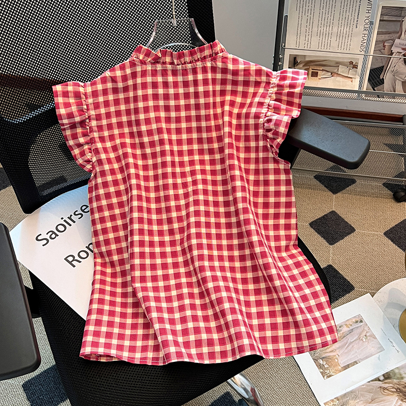 Fold cotton linen tops plaid small shirt for women