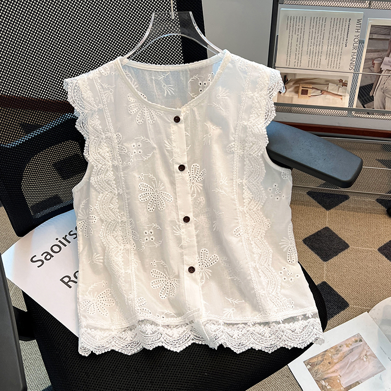 Boats sleeve lace tops hollow short shirt for women