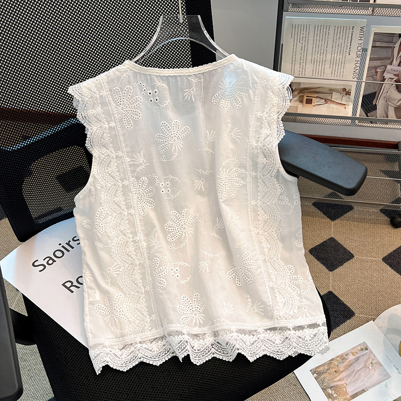 Boats sleeve lace tops hollow short shirt for women