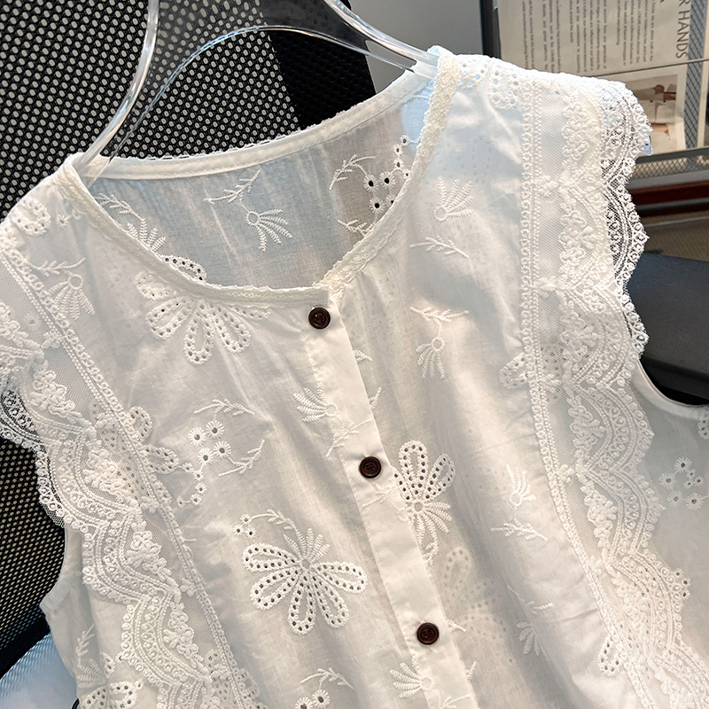 Boats sleeve lace tops hollow short shirt for women