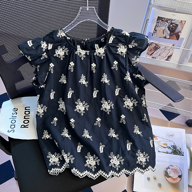 Short France style tops boats sleeve floral shirt