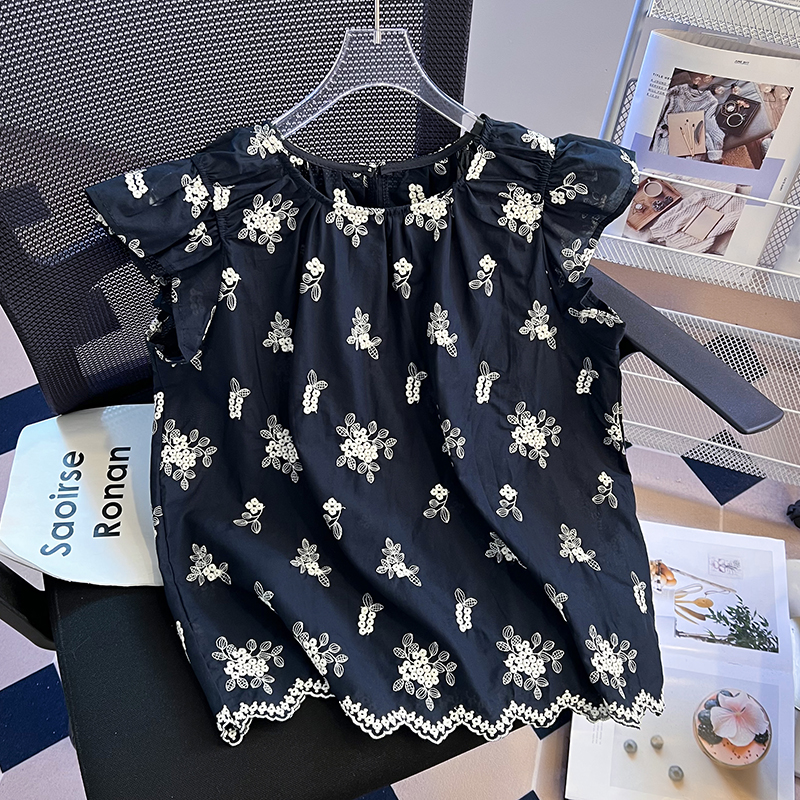 Short France style tops boats sleeve floral shirt