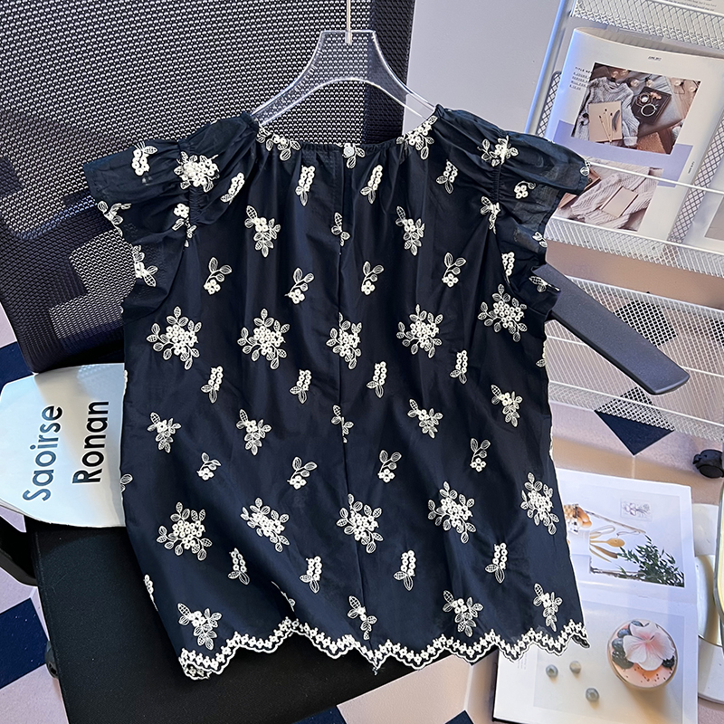 Short France style tops boats sleeve floral shirt