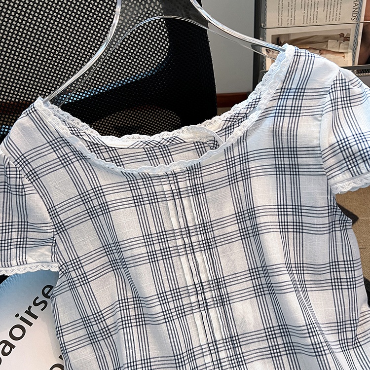 Wood ear plaid show young tops summer all-match shirt
