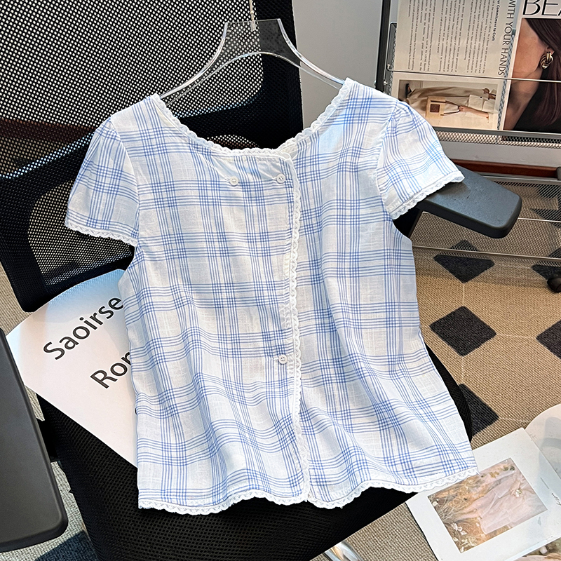 Wood ear plaid show young tops summer all-match shirt