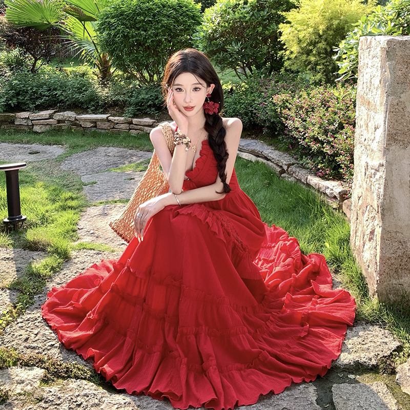 Sexy small halter long dress summer red dress for women