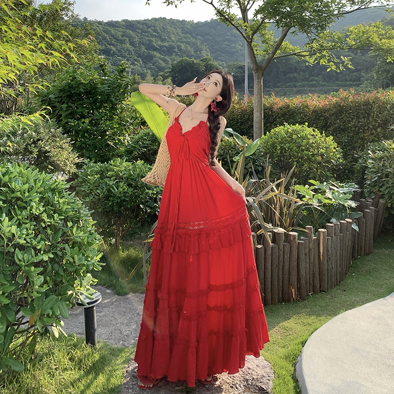 Sexy small halter long dress summer red dress for women