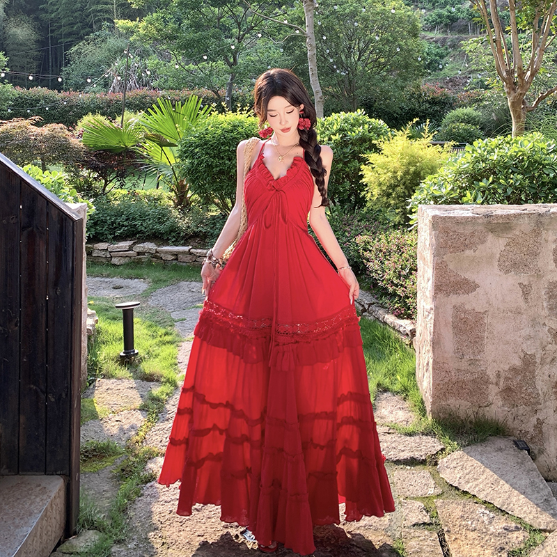 Sexy small halter long dress summer red dress for women