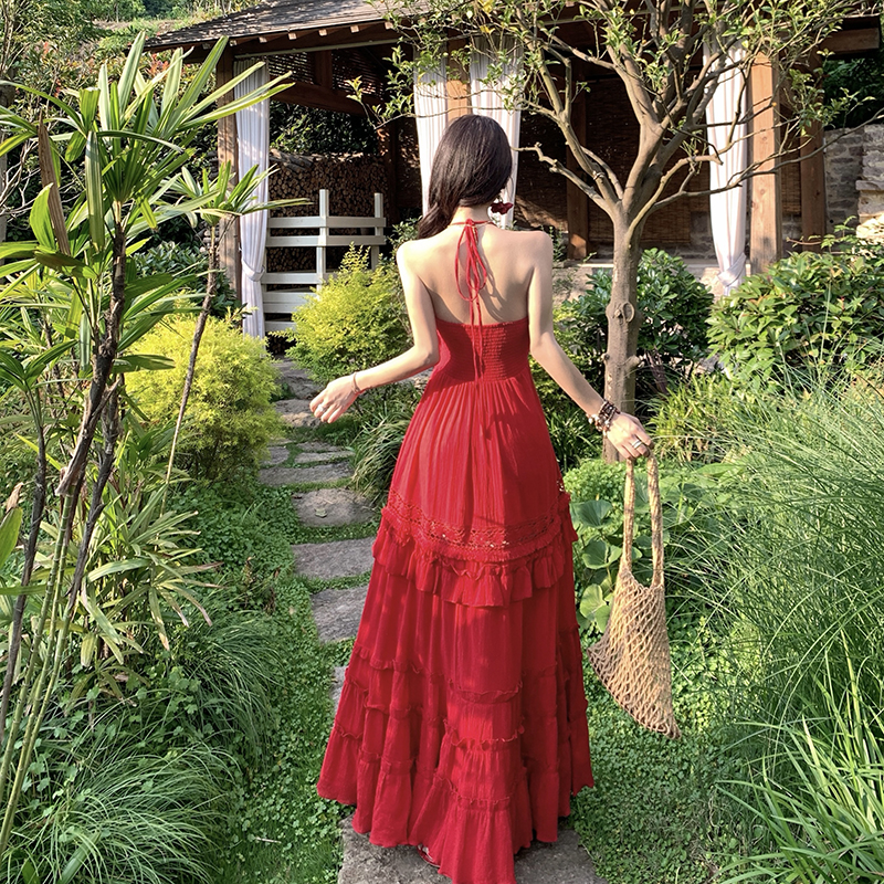 Sexy small halter long dress summer red dress for women
