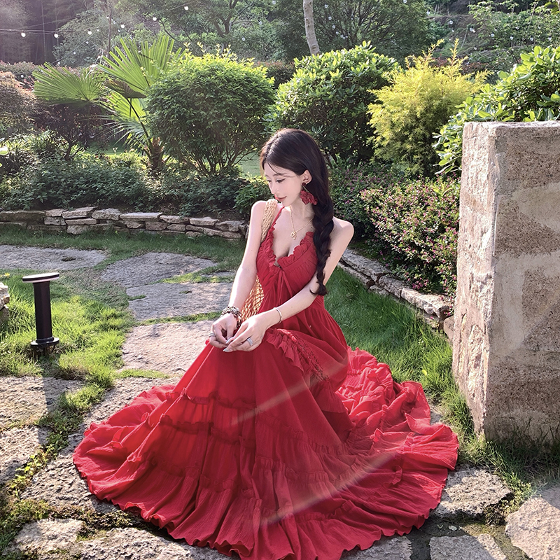 Sexy small halter long dress summer red dress for women
